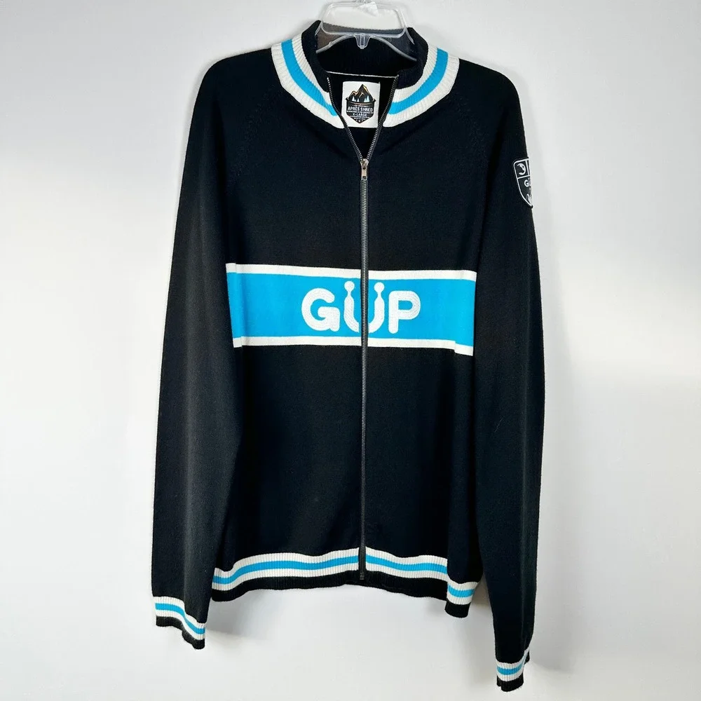 GUP Merino Wool Zip Up Sweater Vintage Blue Cycle Design Mens XL Apres Shred Ski
